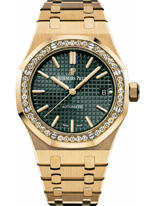 Royal Oak Selfwinding 37MM 18-Carat Yellow Gold Bracelet Green Dial Grande Tapisserie Pattern 18-Carat Yellow Gold Case Diamond-Set Bezel