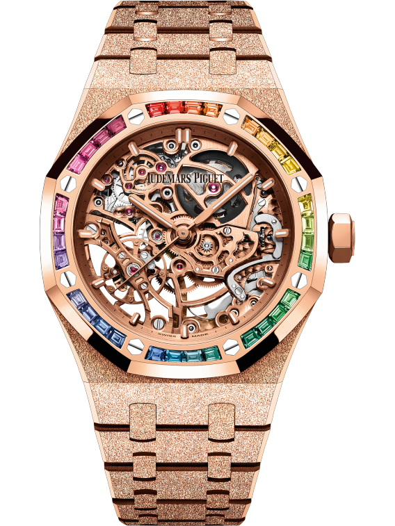 Royal Oak Frosted Gold Double Balance Wheel Openworked 37MM Hammered 18-Carat Pink Gold Bracelet Pink Gold-Toned Openworked Dial Hammered 18-Carat Pink Gold Case Bezel Set With Rainbow Baguette-Cut Multicoloured Gemstones