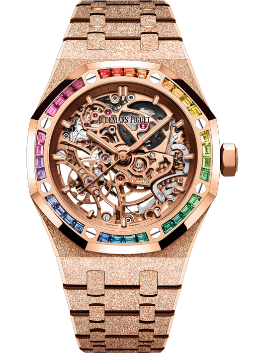 Royal Oak Frosted Gold Double Balance Wheel Openworked 37MM Hammered 18-Carat Pink Gold Bracelet Pink Gold-Toned Openworked Dial Hammered 18-Carat Pink Gold Case Bezel Set With Rainbow Baguette-Cut Multicoloured Gemstones