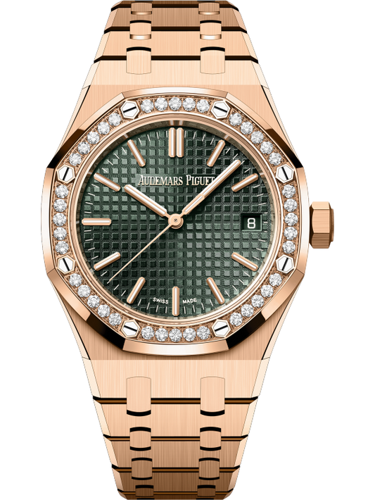 Royal Oak Selfwinding 50th Anniversary 37MM 18-Carat Pink Gold Bracelet Khaki Green Dial With Grande Tapisserie Pattern 18-Carat Pink Gold Case Bezel Set With Brilliant-Cut Diamonds