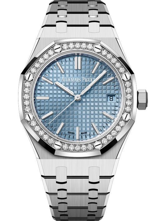 Royal Oak Selfwinding 50th Anniversary 37MM Stainless Steel Bracelet Light Blue Dial With Grande Tapisserie Pattern Stainless Steel Case Bezel Set With Brilliant-Cut Diamonds