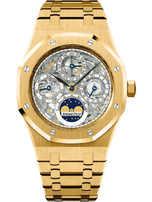 Royal Oak Openworked Perpetual Calendar 39MM 18-Carat Yellow Gold Bracelet Sapphire Dial With White Indicators 18-Carat Yellow Gold Case