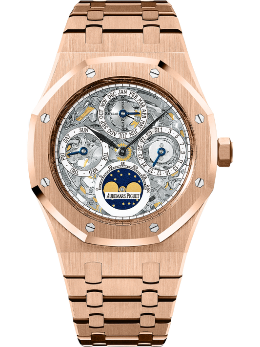 Royal Oak Openworked Perpetual Calendar 39MM 18-Carat Pink Gold Bracelet Sapphire Dial With White Indicators 18-Carat Pink Gold Case