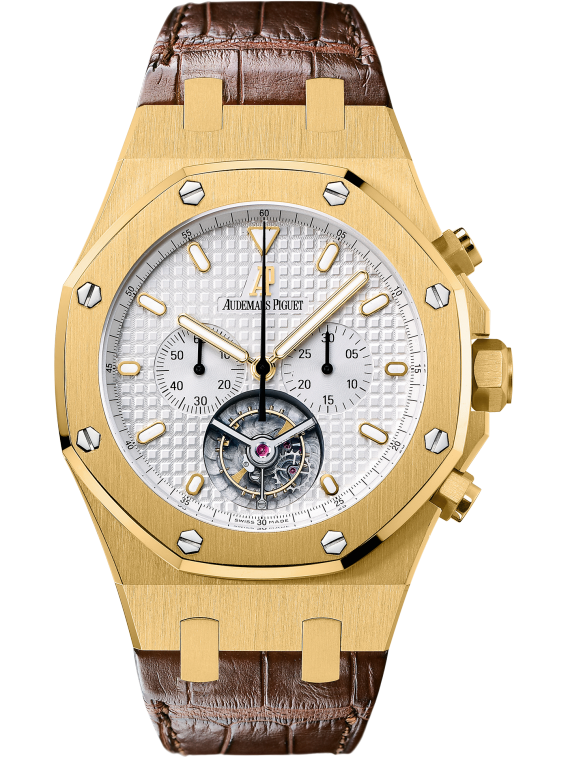 Royal Oak Tourbillon Chronograph 44MM Brown Alligator Strap Silver-Toned Dial With Grande Tapisserie Pattern 18-Carat Yellow Gold Case