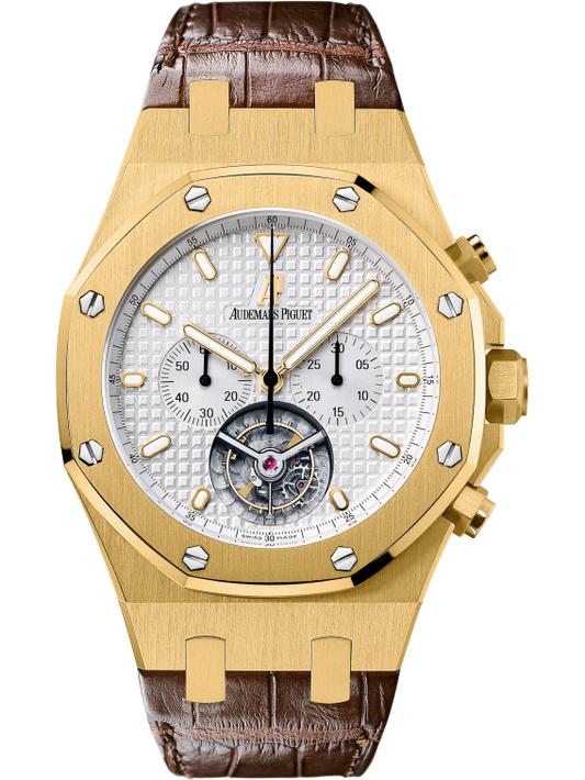 Royal Oak Tourbillon Chronograph 44MM Brown Alligator Strap Silver-Toned Dial With Grande Tapisserie Pattern 18-Carat Yellow Gold Case