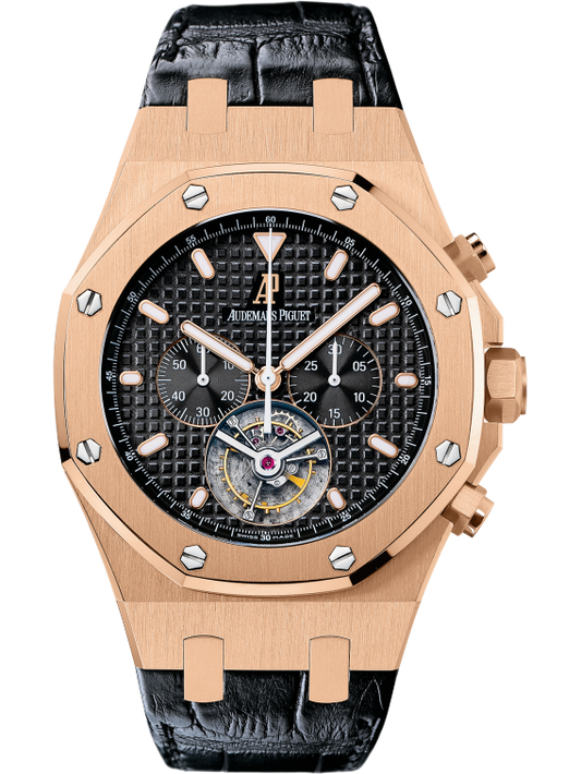 Royal Oak Tourbillon Chronograph 44MM Black Alligator Strap Black Dial With Grande Tapisserie Pattern 18-Carat Pink Gold Case