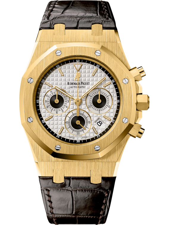 Royal Oak Chronograph 39MM Black Crocodile Strap Silver Dial With Grande Tapisserie Pattern 18-Carat Yellow Gold Case