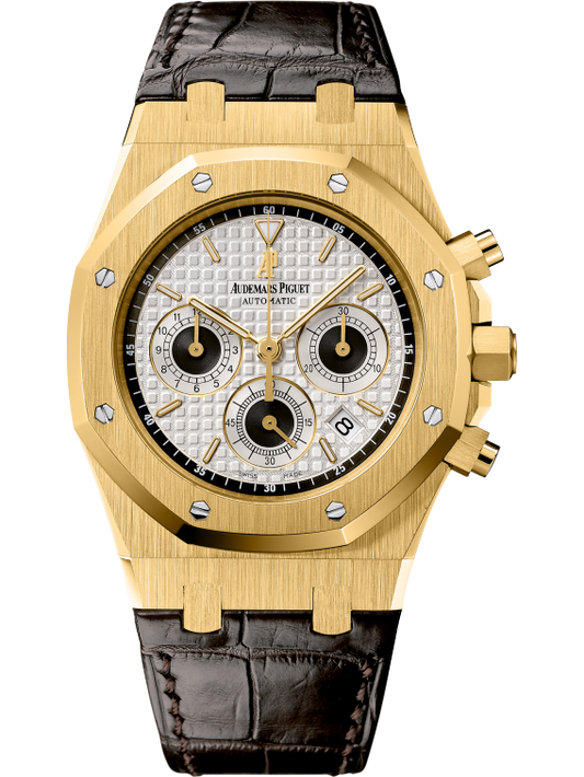 Royal Oak Chronograph 39MM Black Crocodile Strap Silver Dial With Grande Tapisserie Pattern 18-Carat Yellow Gold Case