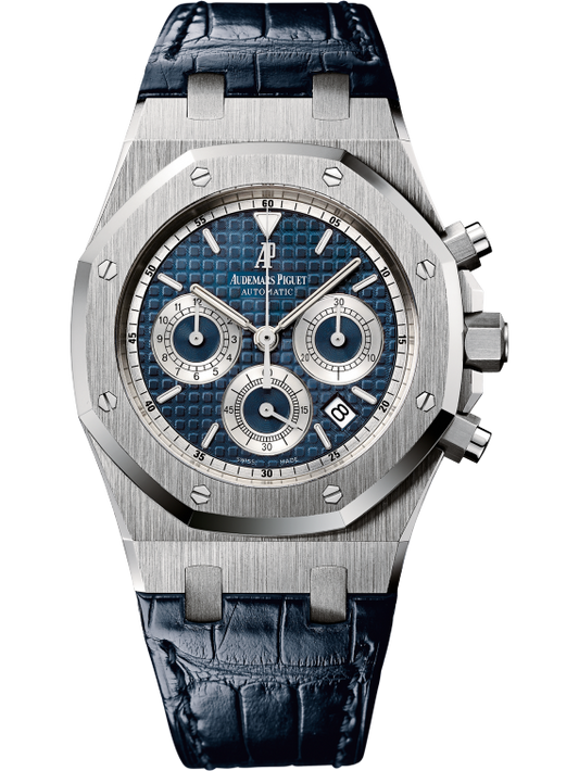 Royal Oak Chronograph 39MM Blue Alligator Strap Blue Dial With Grande Tapisserie Pattern 18-Carat White Gold Case