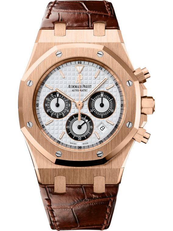 Royal Oak Chronograph 39MM Brown Alligator Strap Silver-Toned Dial With Grande Tapisserie Pattern 18-Carat Pink Gold Case