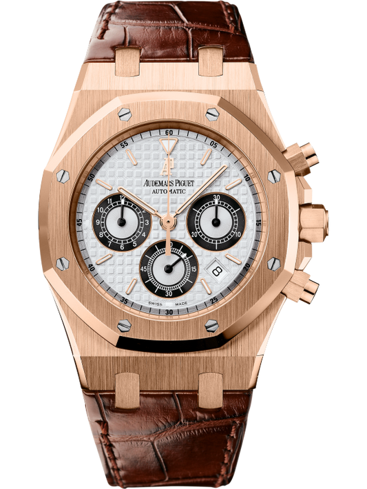 Royal Oak Chronograph 39MM Brown Alligator Strap Silver-Toned Dial With Grande Tapisserie Pattern 18-Carat Pink Gold Case