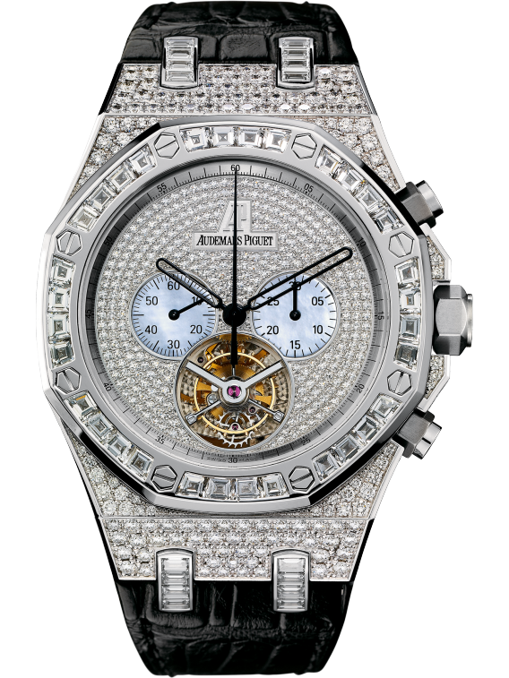 Royal Oak Tourbillon Chronograph 44MM Black Alligator Strap Diamond-Paved Dial 18-Carat White Gold Case Entirely Set With Diamonds