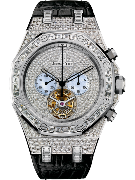 Royal Oak Tourbillon Chronograph 44MM Black Alligator Strap Diamond-Paved Dial 18-Carat White Gold Case Entirely Set With Diamonds