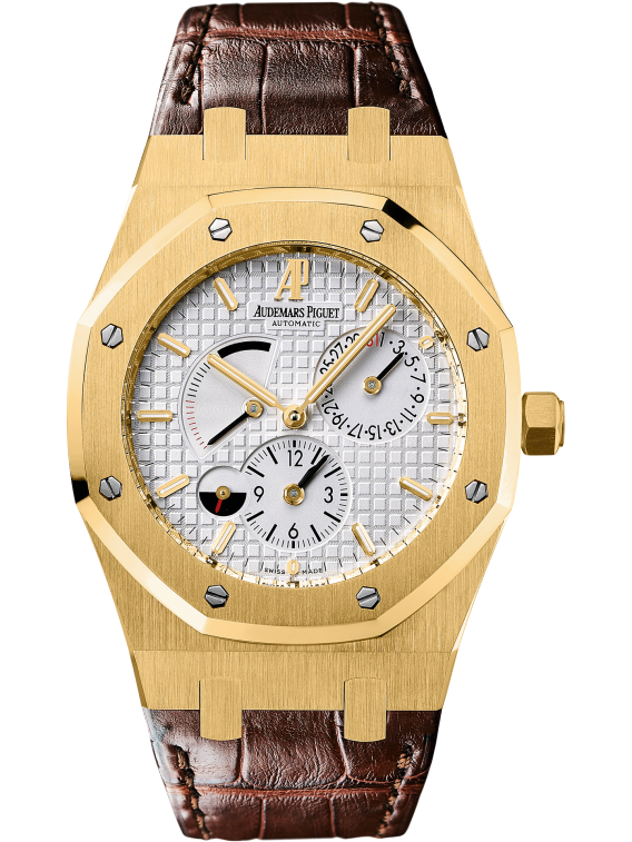 Royal Oak Dual Time 39MM Brown Crocodile Strap Silvered Dial With Grande Tapisserie Pattern 18-Carat Yellow Gold Case