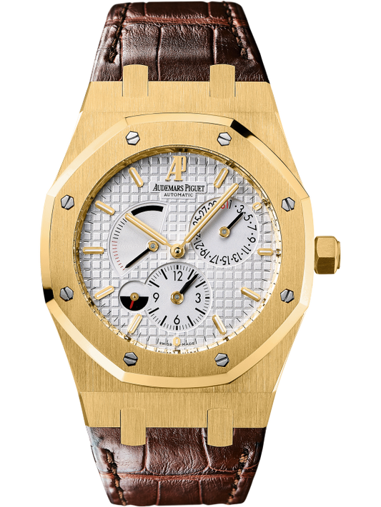 Royal Oak Dual Time 39MM Brown Crocodile Strap Silvered Dial With Grande Tapisserie Pattern 18-Carat Yellow Gold Case