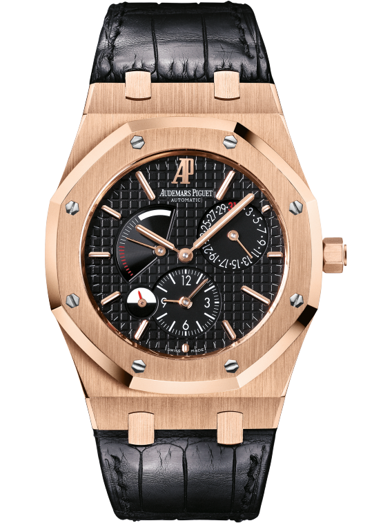 Royal Oak Dual Time 39MM Black Alligator Strap Black Dial With Grande Tapisserie Pattern 18-Carat Pink Gold Case