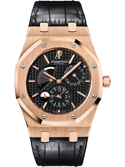 Royal Oak Dual Time 39MM Black Alligator Strap Black Dial With Grande Tapisserie Pattern 18-Carat Pink Gold Case