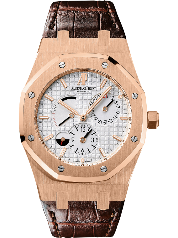 Royal Oak Dual Time 39MM Brown Alligator Strap Silver-Toned Dial With Grande Tapisserie Pattern 18-Carat Pink Gold Case