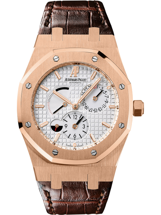 Royal Oak Dual Time 39MM Brown Alligator Strap Silver-Toned Dial With Grande Tapisserie Pattern 18-Carat Pink Gold Case