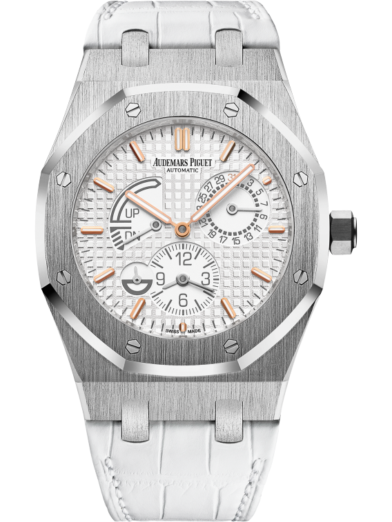 Royal Oak Dual Time 39MM White Alligator Strap Silver-Toned Dial With Grande Tapisserie Pattern Stainless Steel Case