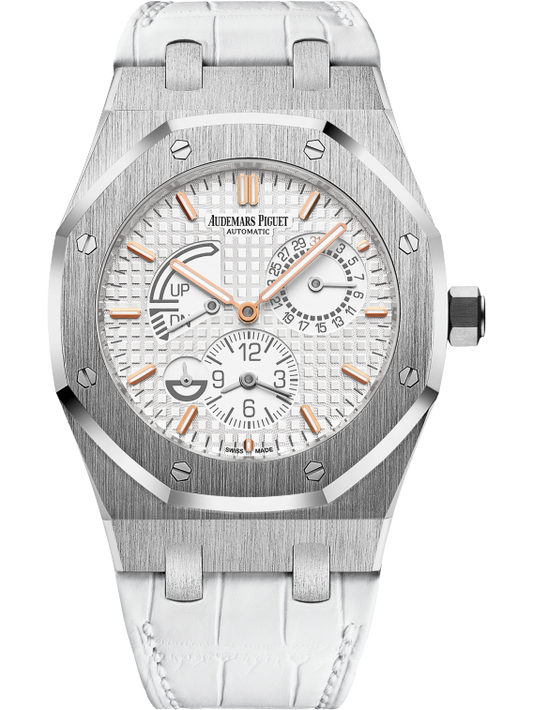 Royal Oak Dual Time 39MM White Alligator Strap Silver-Toned Dial With Grande Tapisserie Pattern Stainless Steel Case