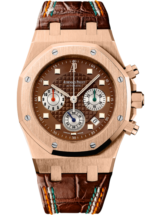 Royal Oak Chronograph Sachin Tendulkar 39MM Brown Crocodile Strap Brown Dial With Grande Tapisserie Pattern 18-Carat Pink Gold Case