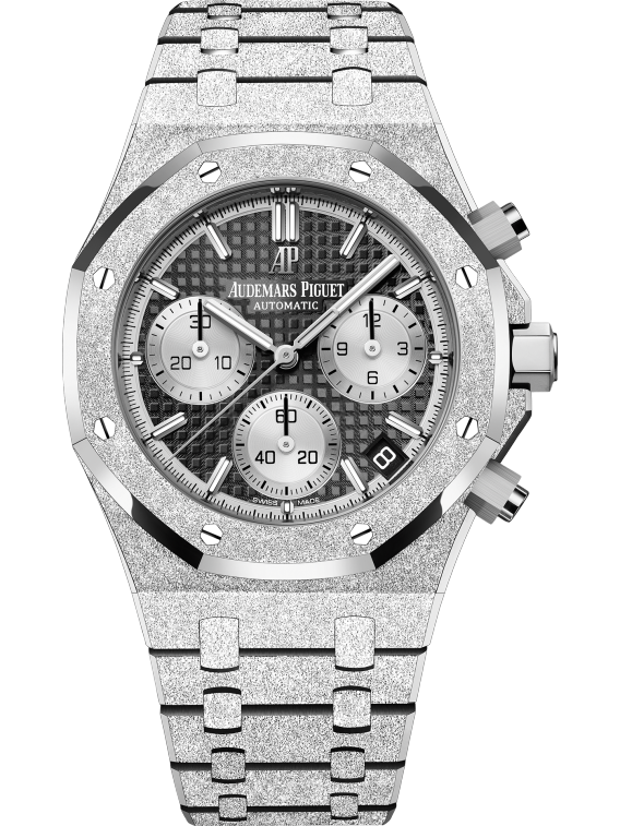 Royal Oak Frosted Gold Selfwinding Chronograph 41MM Hammered 18-Carat White Gold Bracelet Black Dial With Grande Tapisserie Pattern Hammered 18-Carat White Gold Case