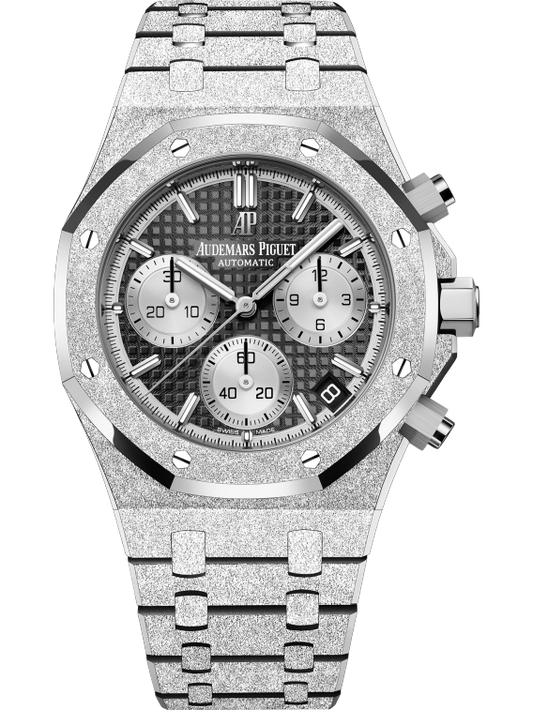 Royal Oak Frosted Gold Selfwinding Chronograph 41MM Hammered 18-Carat White Gold Bracelet Black Dial With Grande Tapisserie Pattern Hammered 18-Carat White Gold Case