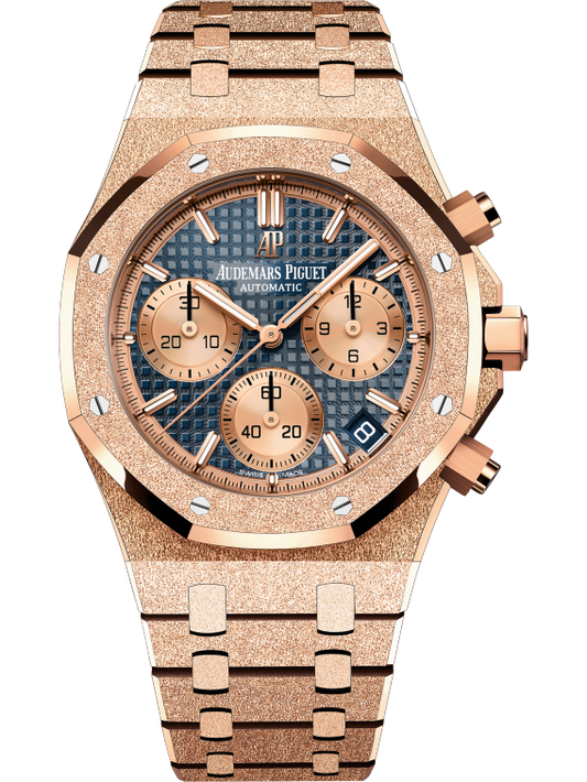 Royal Oak Frosted Gold Selfwinding Chronograph 41MM Hammered 18-Carat Pink Gold Bracelet Blue Dial With Grande Tapisserie Pattern Hammered 18-Carat Pink Gold Case