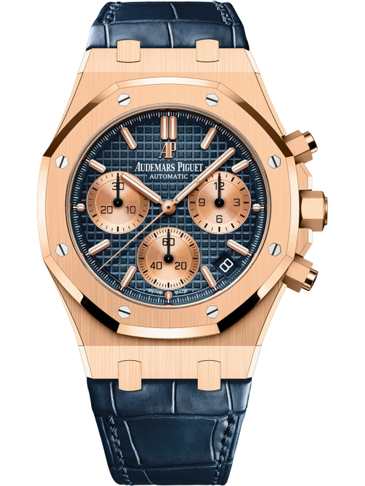 Royal Oak Selfwinding Chronograph 41MM Blue Alligator Strap Blue Dial With Grande Tapisserie Pattern 18-Carat Pink Gold Case