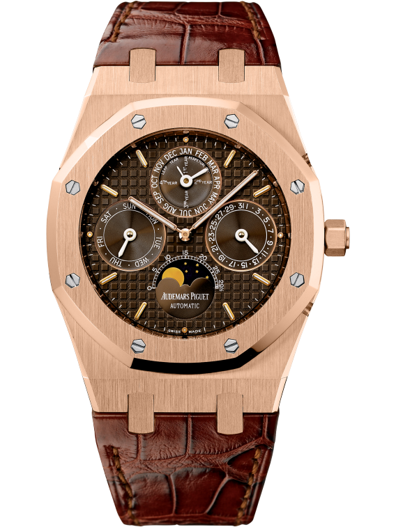 Royal Oak Perpetual Calendar 39MM Brown Alligator Strap Brown Chocolate Dial With Grande Tapisserie Pattern 18-Carat Pink Gold Case