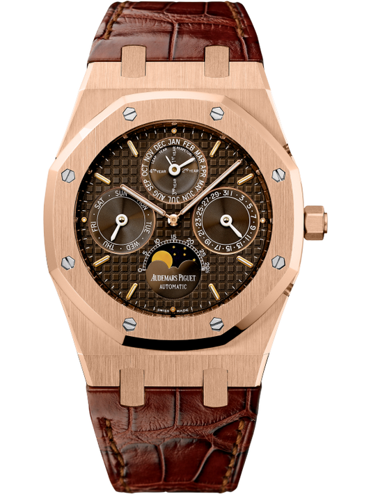 Royal Oak Perpetual Calendar 39MM Brown Alligator Strap Brown Chocolate Dial With Grande Tapisserie Pattern 18-Carat Pink Gold Case