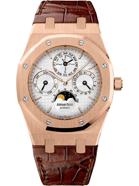 Royal Oak Perpetual Calendar 39MM Brown Alligator Strap Silver-Toned Dial With Grande Tapisserie Pattern 18-Carat Pink Gold Case