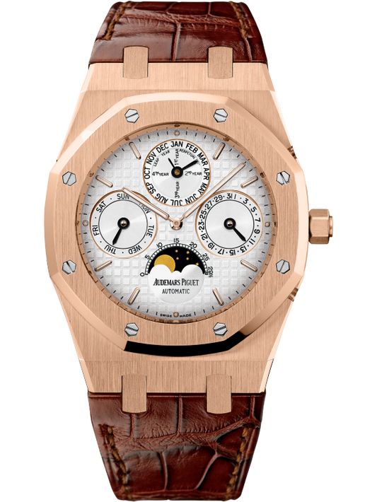 Royal Oak Perpetual Calendar 39MM Brown Alligator Strap Silver-Toned Dial With Grande Tapisserie Pattern 18-Carat Pink Gold Case