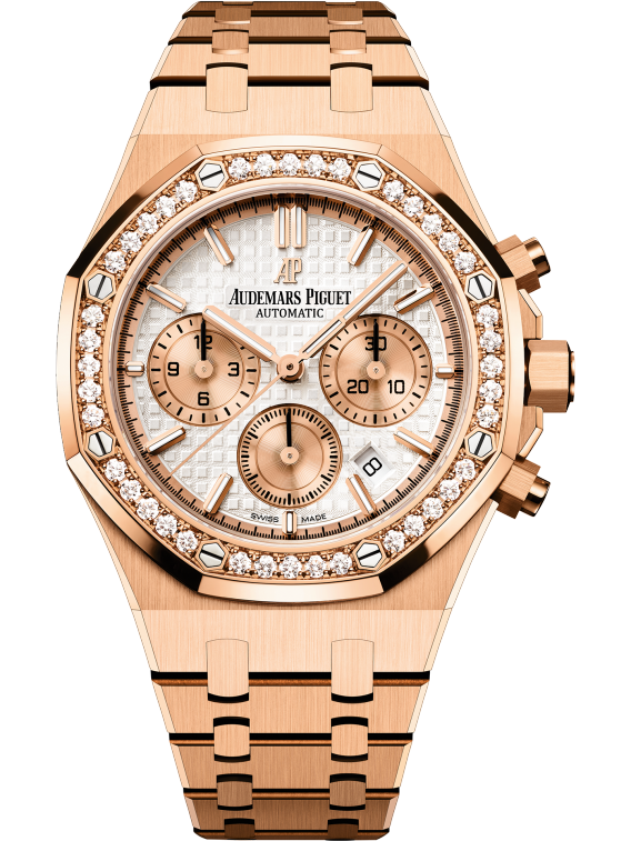 Royal Oak Selfwinding Chronograph 38MM 18-Carat Pink Gold Bracelet Silver-Toned Dial With Grande Tapisserie Pattern 18-Carat Pink Gold Case With Brilliant-Cut Diamonds