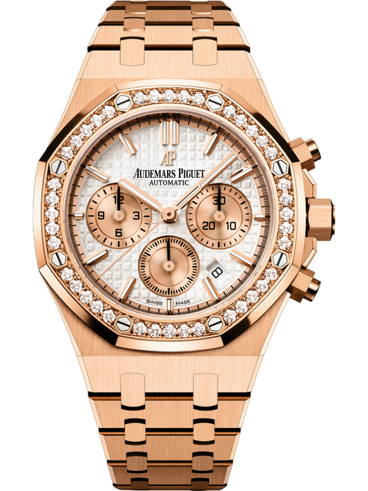 Royal Oak Selfwinding Chronograph 38MM 18-Carat Pink Gold Bracelet Silver-Toned Dial With Grande Tapisserie Pattern 18-Carat Pink Gold Case With Brilliant-Cut Diamonds