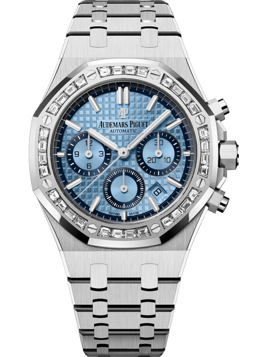 Royal Oak Selfwinding Chronograph 38MM 18-Carat White Gold Bracelet Light Blue Dial With Grande Tapisserie Pattern 18-Carat White Gold Case Baguette-Cut Diamonds Bezel