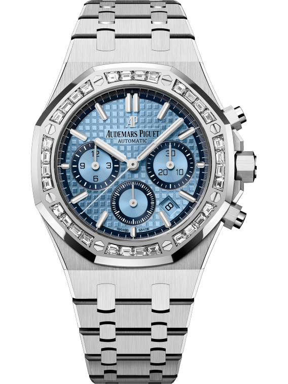 Royal Oak Selfwinding Chronograph 38MM 18-Carat White Gold Bracelet  Light Blue Dial With Grande Tapisserie Pattern 18-Carat White Gold Case Baguette-Cut Diamonds Bezel