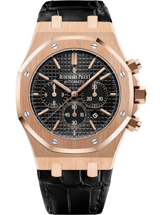 Royal Oak Chronograph 41MM Black Alligator Strap Black Dial With Grande Tapisserie Pattern 18-Carat Pink Gold Case