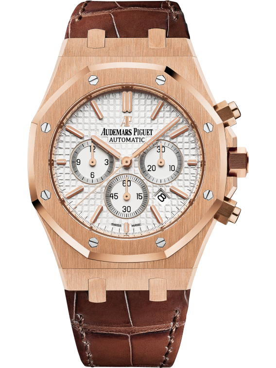 Royal Oak Chronograph 41MM Brown Alligator Strap Silver-Toned Dial With Grande Tapisserie Pattern 18-Carat Pink Gold Case