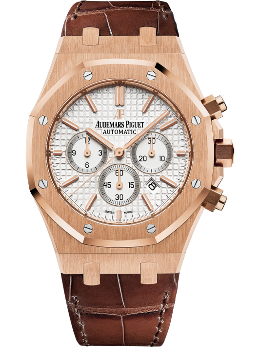 Royal Oak Chronograph 41MM Brown Alligator Strap Silver-Toned Dial With Grande Tapisserie Pattern 18-Carat Pink Gold Case