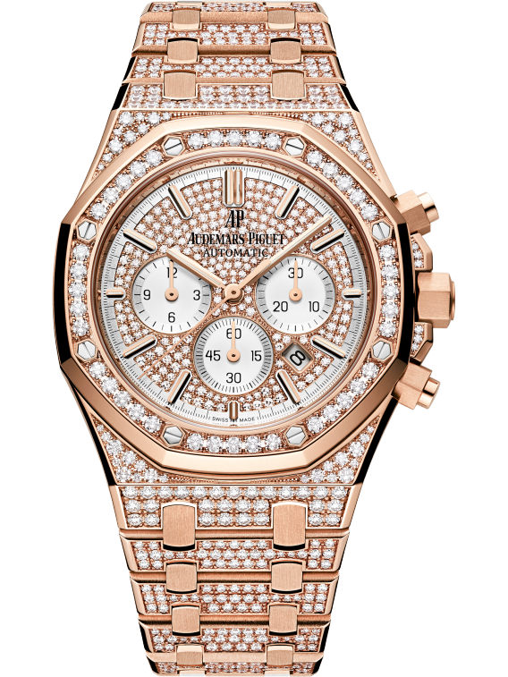 Royal Oak Chronograph 41MM 18-Carat Pink Gold Bracelet Set With Diamonds Diamond-Paved Dial 18-Carat Pink Gold Case Entirely Set With Diamonds