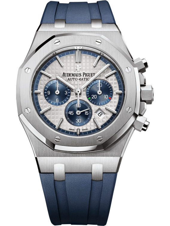 Royal Oak Chronograph 41MM Blue Rubber Strap Silver-Toned Dial With Grande Tapisserie Pattern Stainless Steel Case