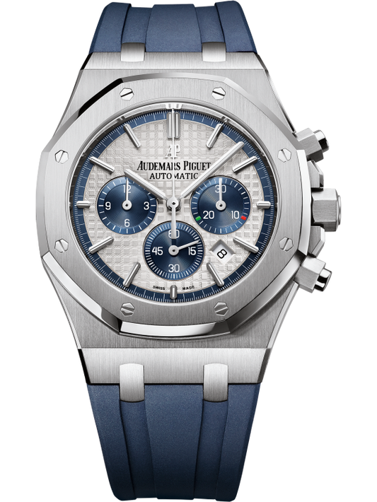 Royal Oak Chronograph 41MM Blue Rubber Strap Silver-Toned Dial With Grande Tapisserie Pattern Stainless Steel Case