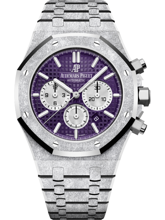 Royal Oak Frosted Gold Selfwinding Chronograph 41MM Hammered 18-Carat White Gold Bracelet Plum Purple Dial With Grande Tapisserie Pattern Hammered 18-Carat White Gold Case