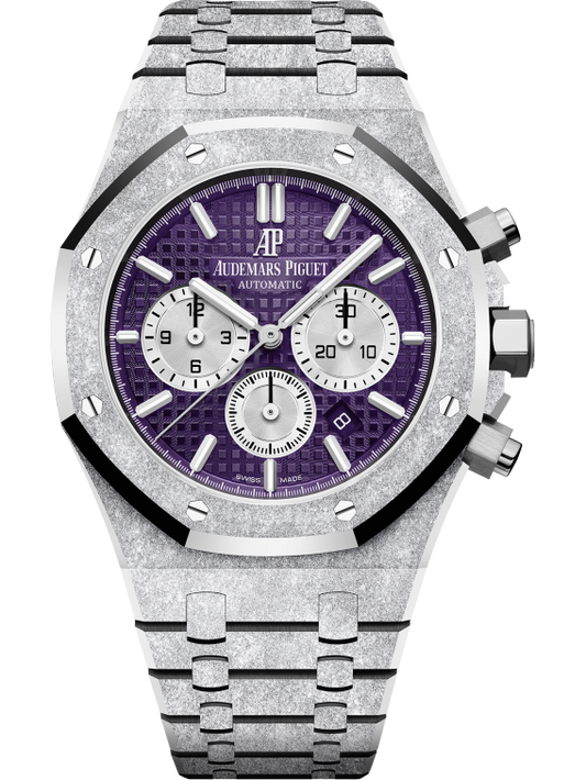 Royal Oak Frosted Gold Selfwinding Chronograph 41MM Hammered 18-Carat White Gold Bracelet Plum Purple Dial With Grande Tapisserie Pattern Hammered 18-Carat White Gold Case