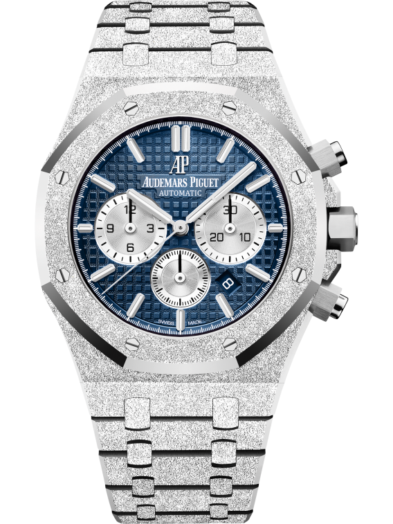 Royal Oak Frosted Gold Selfwinding Chronograph 41MM Hammered 18-Carat White Gold Bracelet Blue Dial With Grande Tapisserie Pattern Hammered 18-Carat White Gold Case