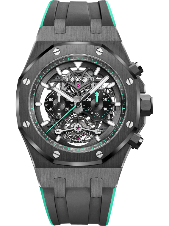 Royal Oak Tourbillon Chronograph Openworked 44MM Two-Tone Black and Green Rubber Strap Openworked Satin-Brushed Black Dial Black Ceramic Case