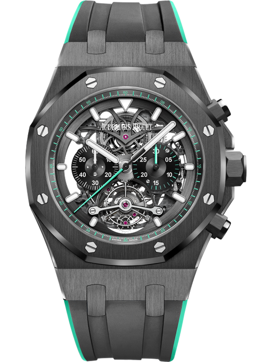 Royal Oak Tourbillon Chronograph Openworked 44MM Two-Tone Black and Green Rubber Strap Openworked Satin-Brushed Black Dial Black Ceramic Case