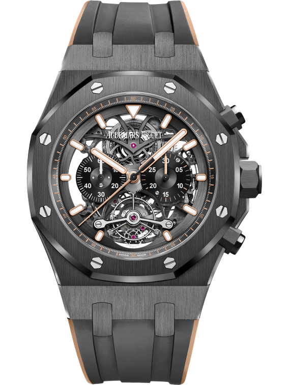 Royal Oak Tourbillon Chronograph Openworked 44MM Two-Tone Black and Pink Gold-Toned Rubber Strap Openworked Satin-Brushed Black Dial Black Ceramic Case